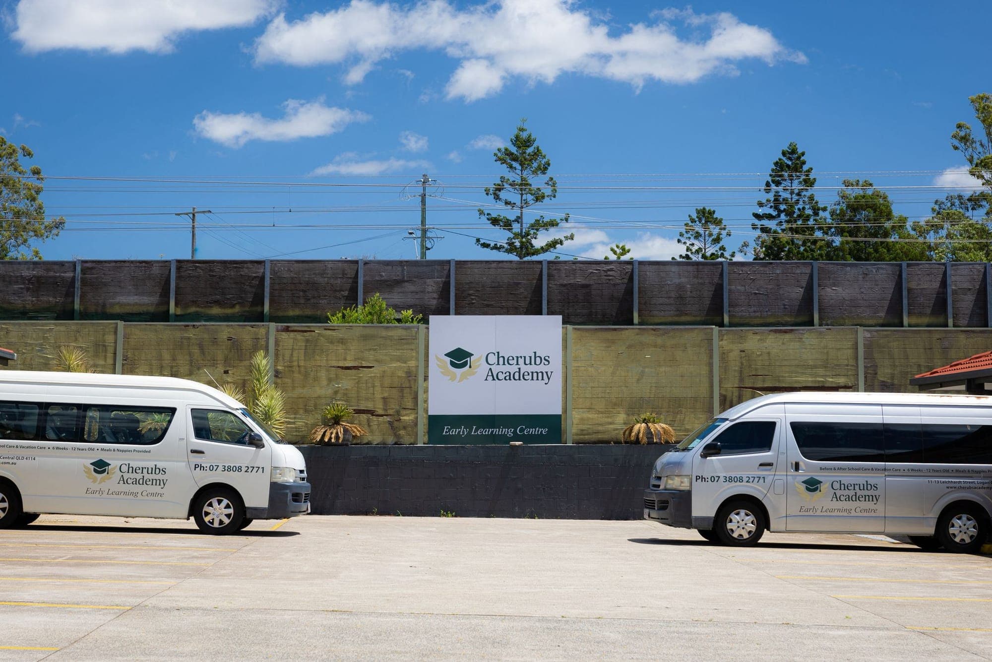 The front of Cherubs Academy on Leichhardt Street, with the centre’s buses parked out front